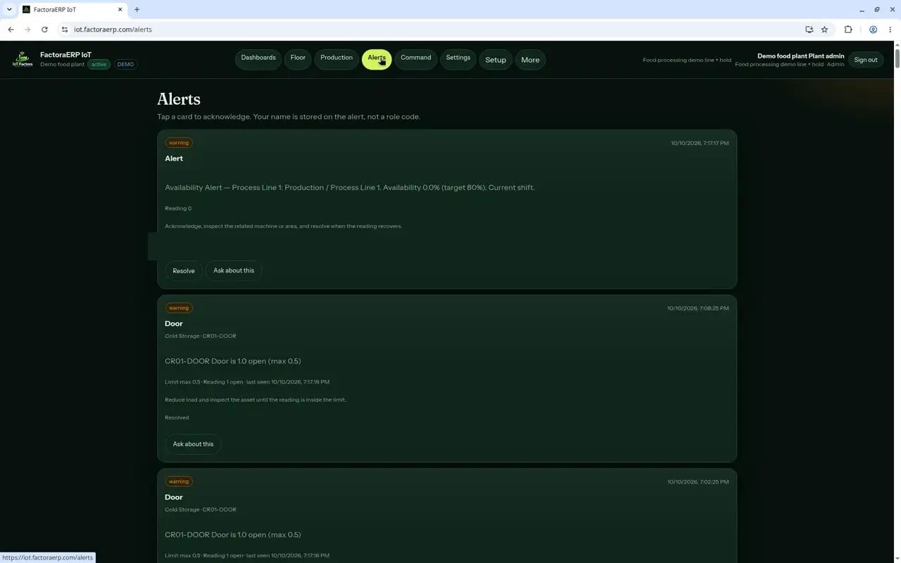 Alerts in the Demo food plant. A card can be acknowledged, resolved, or asked about.